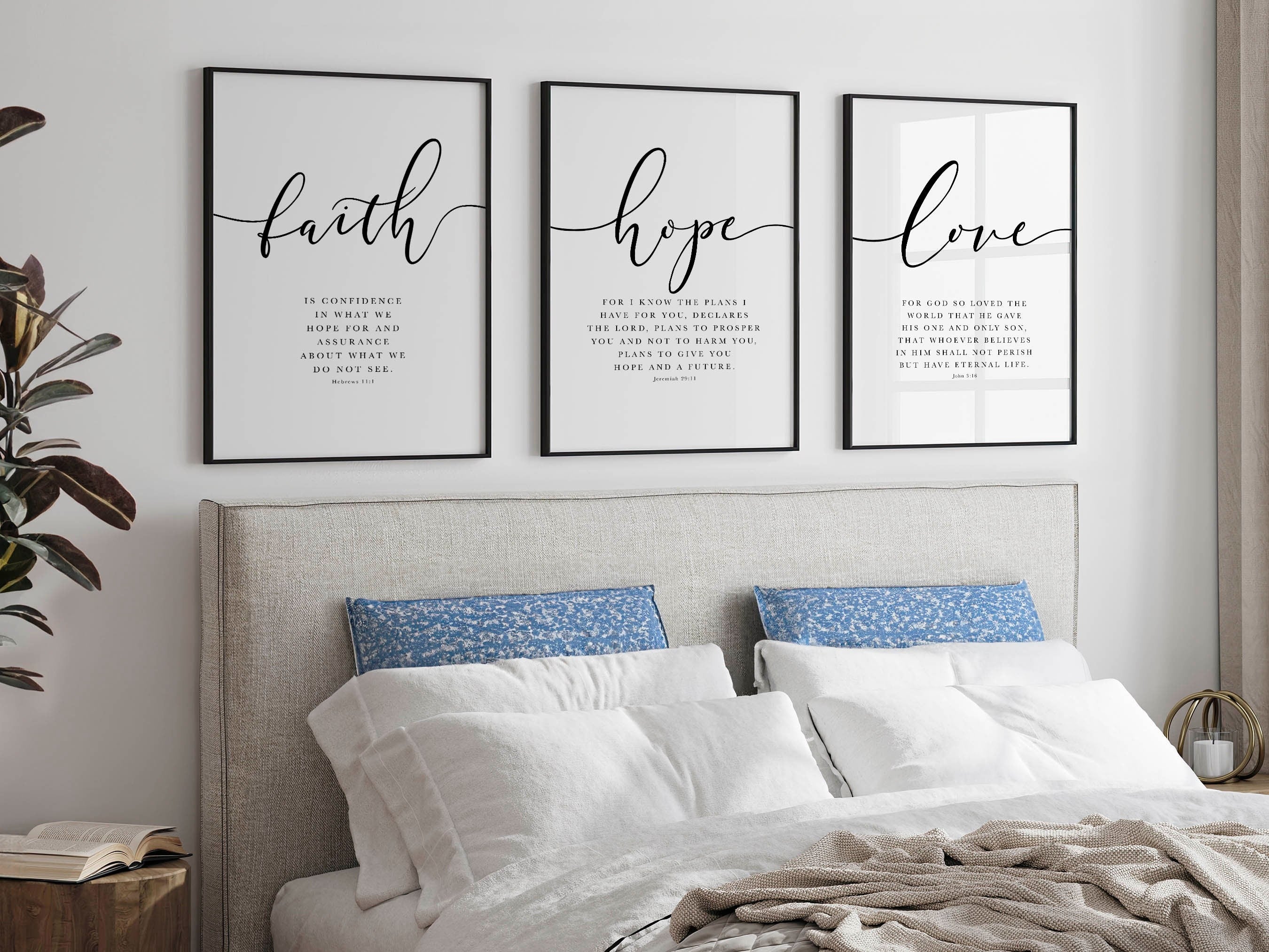 Faith Hope Love Bible Verse Wall Art Set of 3 Prints, Scripture Quote Hebrews 11, Jeremiah 29, John 3 16, Living Room Christian Decor